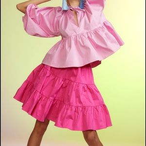 Cynthia Rowley Pink Tiered Cotton Skirt. Side Zip